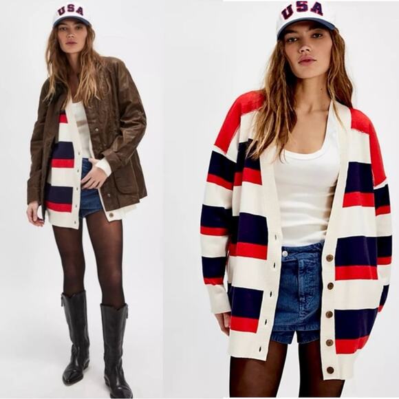 Free People Sweaters - Free People League Of Her Own Cardigan Sweater Americana Stripes Preppy Large